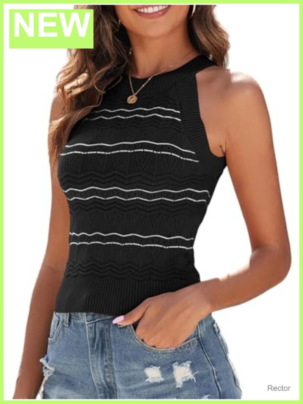 Crochet Halter Tank Top Striped Sleeveless Sweater Vest Slim Fit